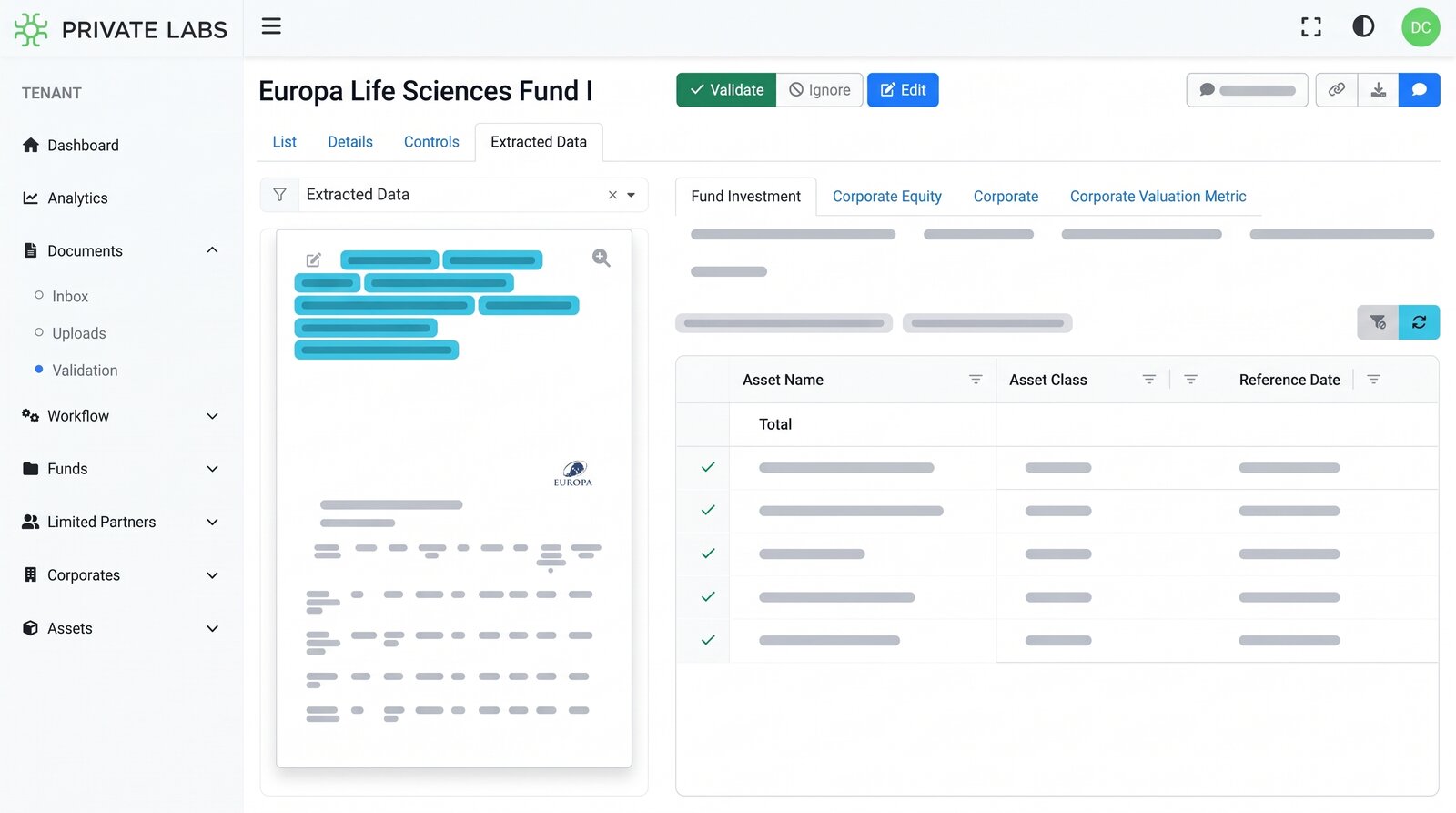 DataLABS extracted data view